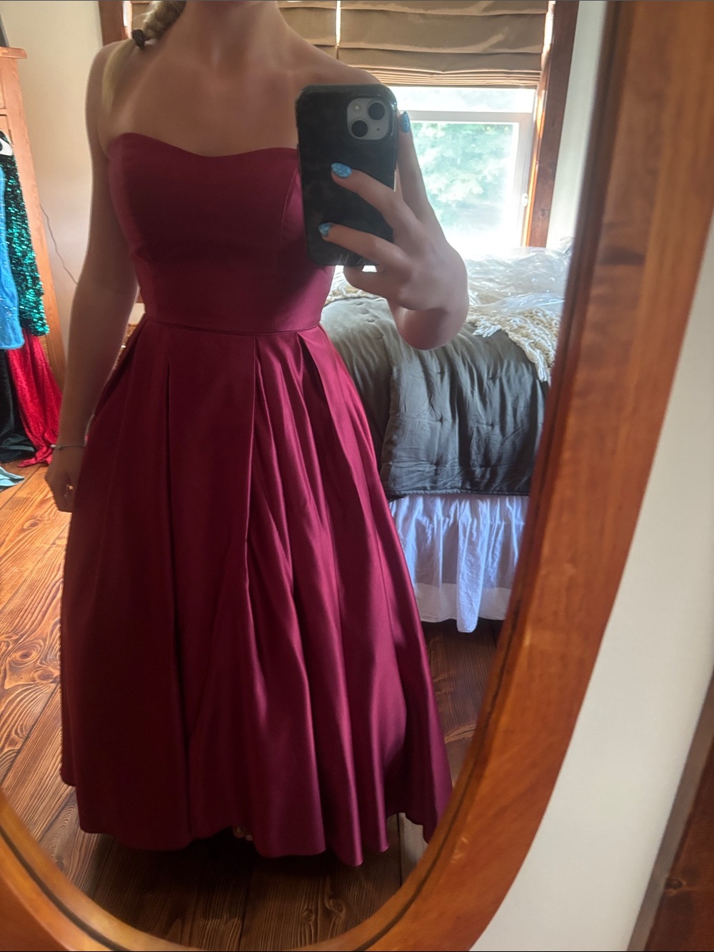 Betsy & Adam Strapless Wine Red A-Line Midi Dress